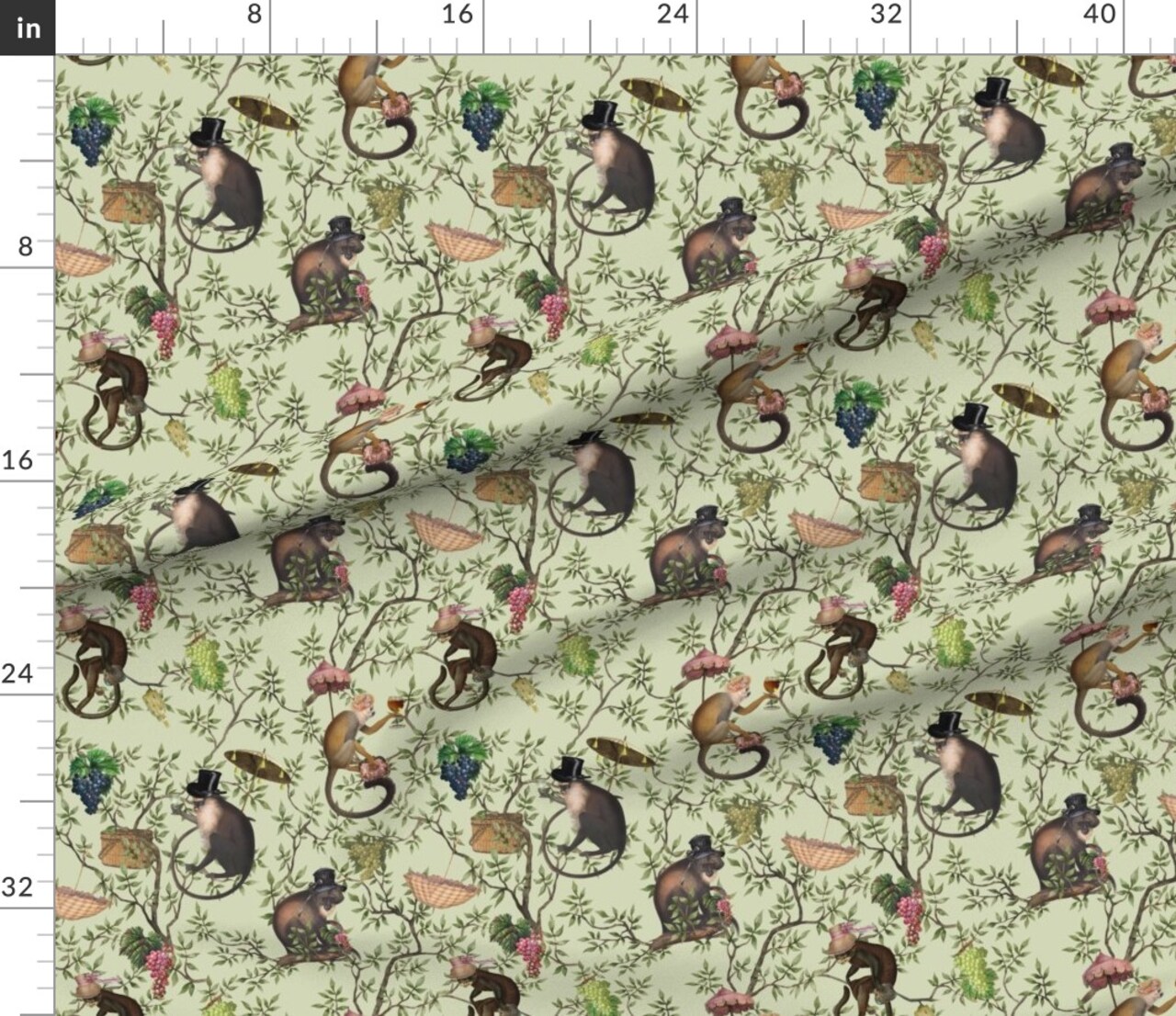 Green Chinoiserie Victorian Animals Rococo Garden Party Leaves Monkeys Historic Toile Botanical Whimsical Large Scale Custom Printed Fabric by Spoonflower Various Fabrics by the Yard or Fat Quarter